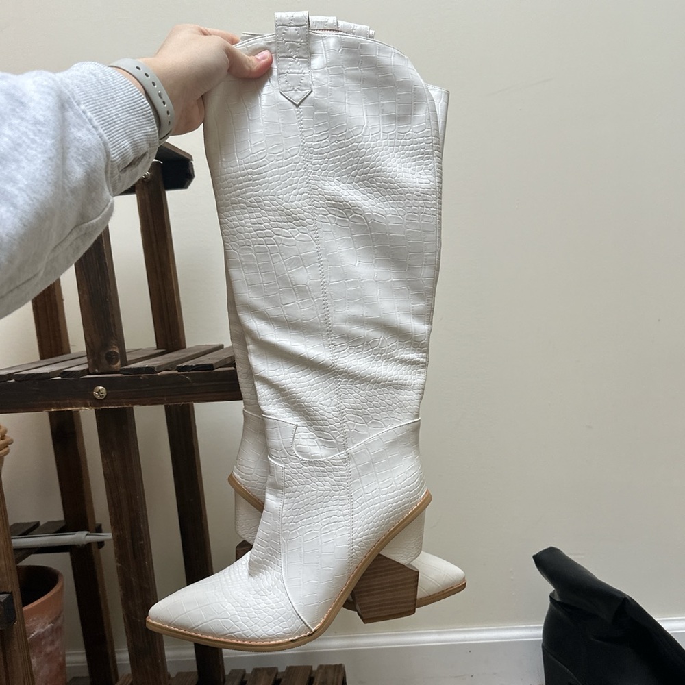 White Croc-Embossed Knee-High Cowboy Boots